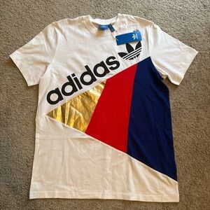 Adidas Men's White Tee with Red, Blue, and Gold Graphic